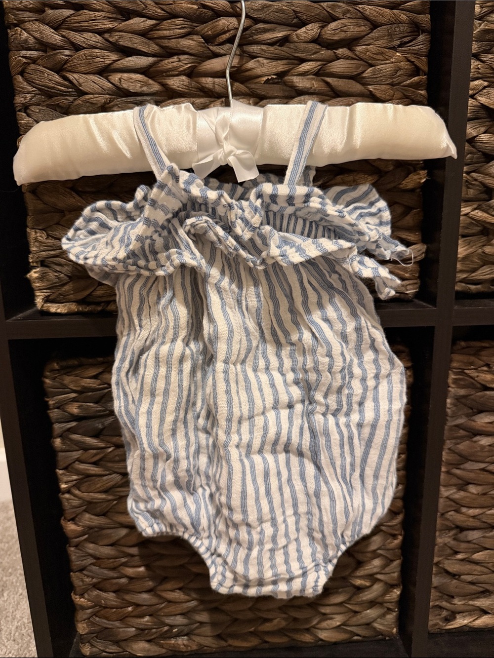 Angel Dear Baby Girls Blue & White Stripe Ruffle One-Piece